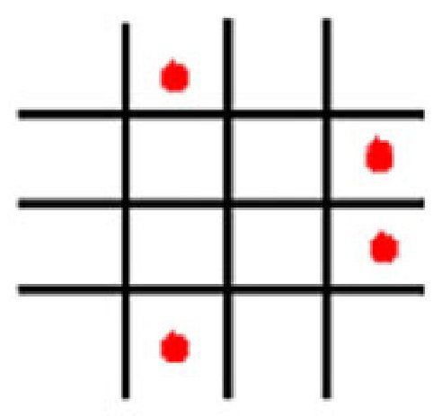 Three-by-three grid with red dots marking a pattern of cells