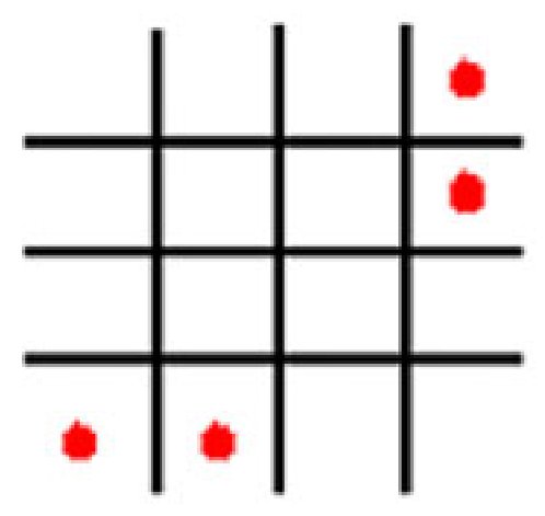 Three-by-three grid with red dots marking a pattern of cells