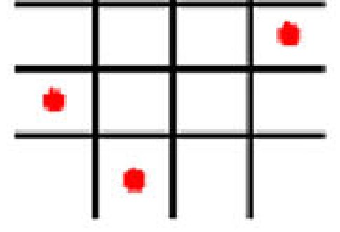 Three-by-three grid with red dots marking a pattern of cells